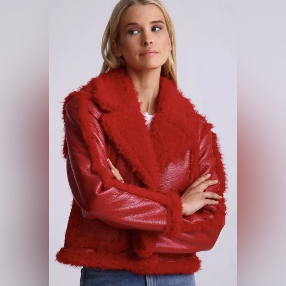 7 For All Mankind  Red Bold Vegan Leather Faux Shearling Cropped Jacket XS